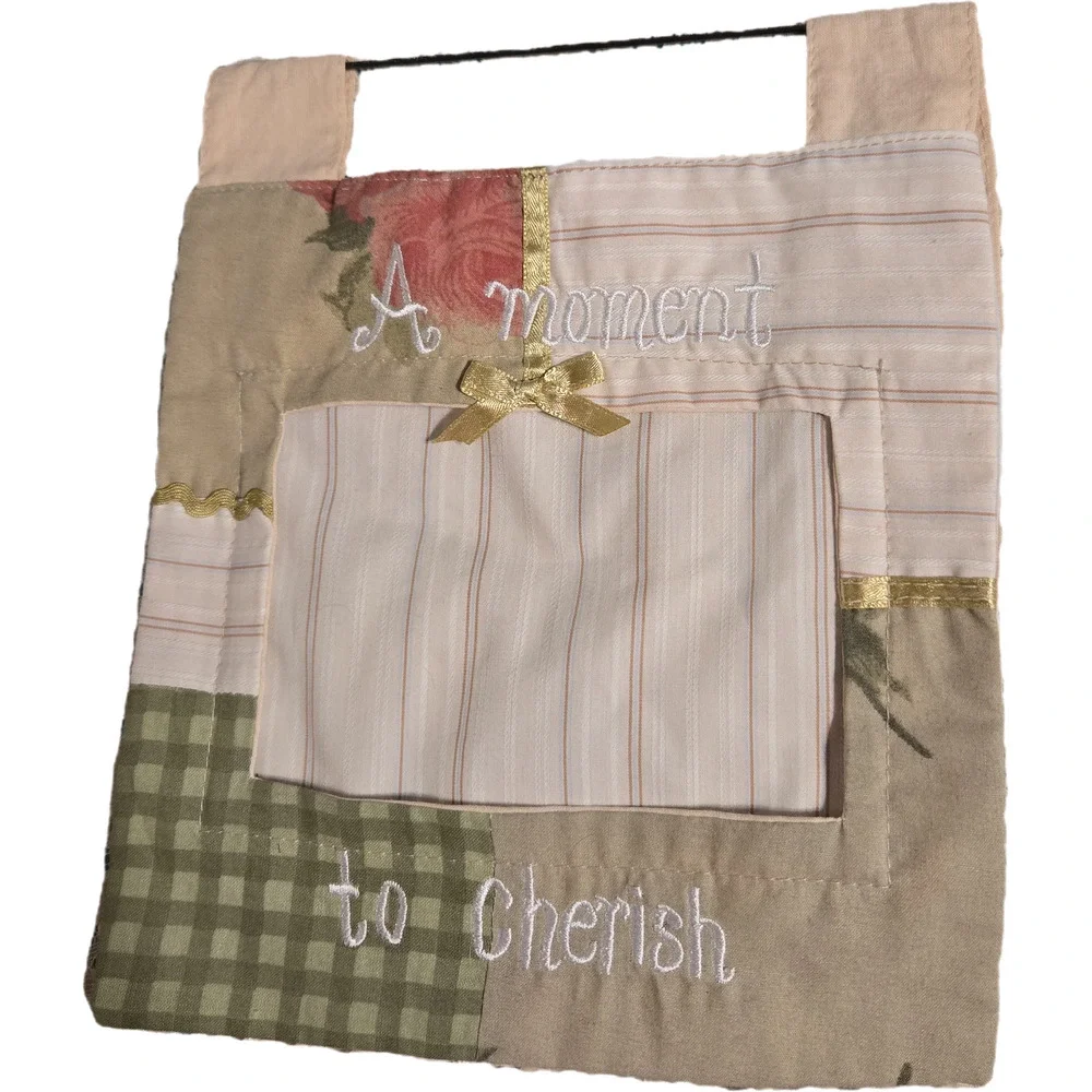 Shabby Chic Fabric Patchwork Photo Holder Wall Hanging Wire Scroll Hanger